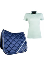2022 HKM Womens Classico Polo Shirt & Monaco Bit Style Saddle Cloth Bundle - Mint / Deep Blue